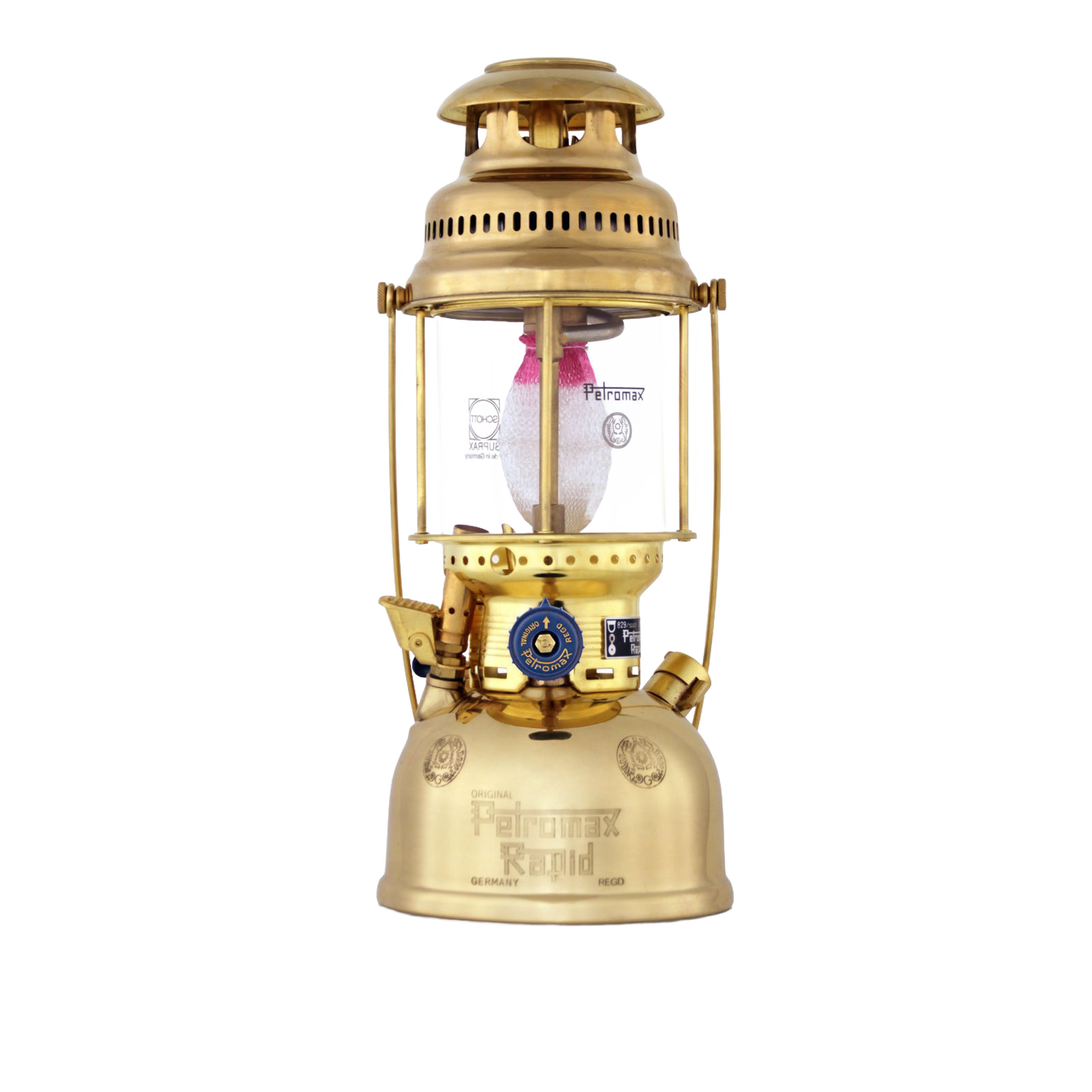 Classic brass lantern with glass globe and metal frame, featuring a vented crown and detailed fuel valve, part of Lamps & Lighting and Parts and Accessories collections.