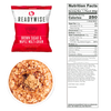 ReadyWise brown sugar and maple multi-grain cereal pouch with a prepared bowl topped with brown sugar, accompanied by its detailed nutrition facts label, part of emergency supplies and freeze dried food collections.