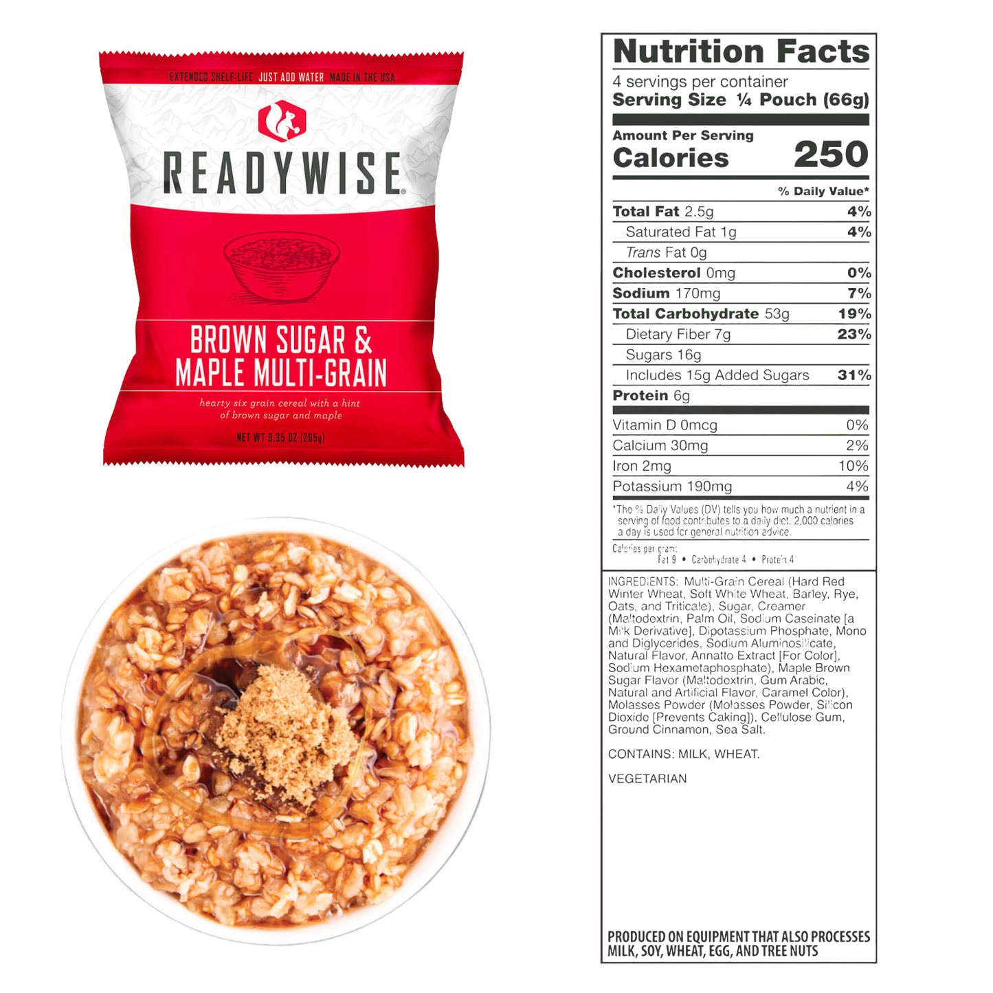ReadyWise brown sugar and maple multi-grain cereal pouch with a prepared bowl topped with brown sugar, accompanied by its detailed nutrition facts label, part of emergency supplies and freeze dried food collections.
