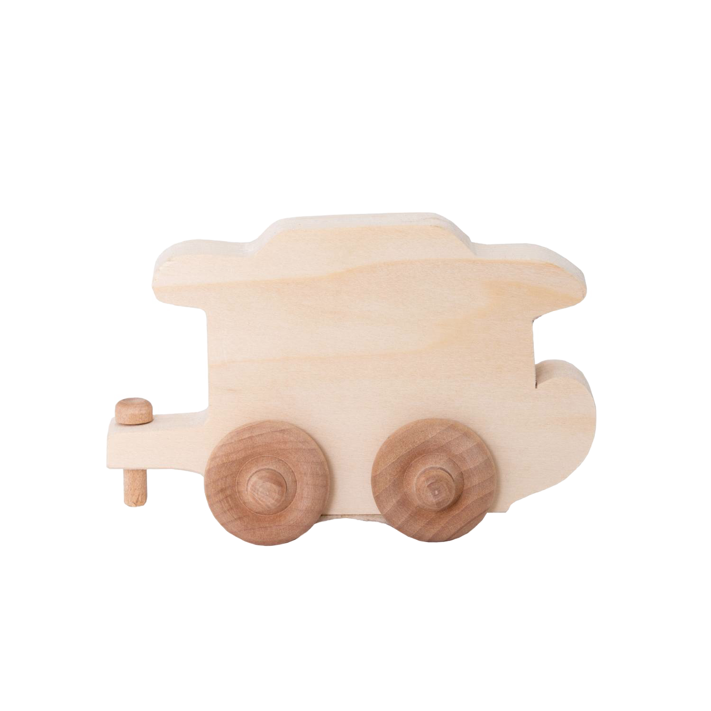 Handcrafted wooden train car in natural finish with simple design and round wheels, Amish made in the USA, perfect for indoor play and children's toys collections.