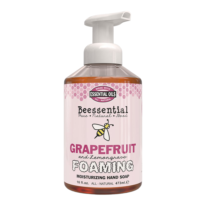 16 fl oz pump bottle of handcrafted foaming moisturizing hand soap in grapefruit and lemongrass scent, made in small batches in the USA, ideal for Health & Wellness, Soaps, USA Made, and Best Sellers collections