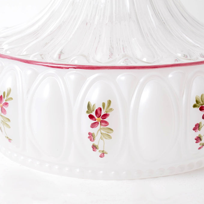 Close-up of the hand-painted floral design on the frosted glass rose shade with embossed oval patterns, crafted for Farm, Garden & Tool, Lamps & Lighting, Oil Lamps, and Homesteading collections.