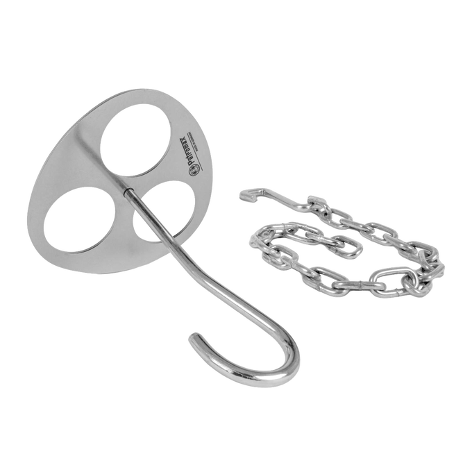 Lightweight stainless steel tripod lashing disc with attached sturdy hook and chain, designed for building outdoor branch tripods, featured in Farm, Garden & Tool, Camping, Best Sellers, and Promo Eligible collections.