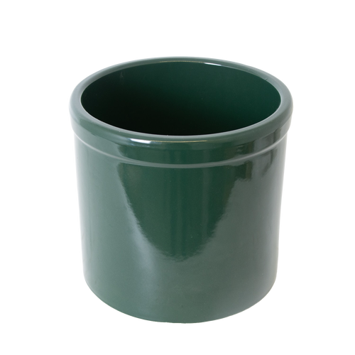 Handcrafted 2-gallon stoneware crock in deep green with a smooth, lead-free food-safe glaze, made in USA for fermenting, pickling, and kitchen use, featured in Kitchen & Food and Food Preservation collections.