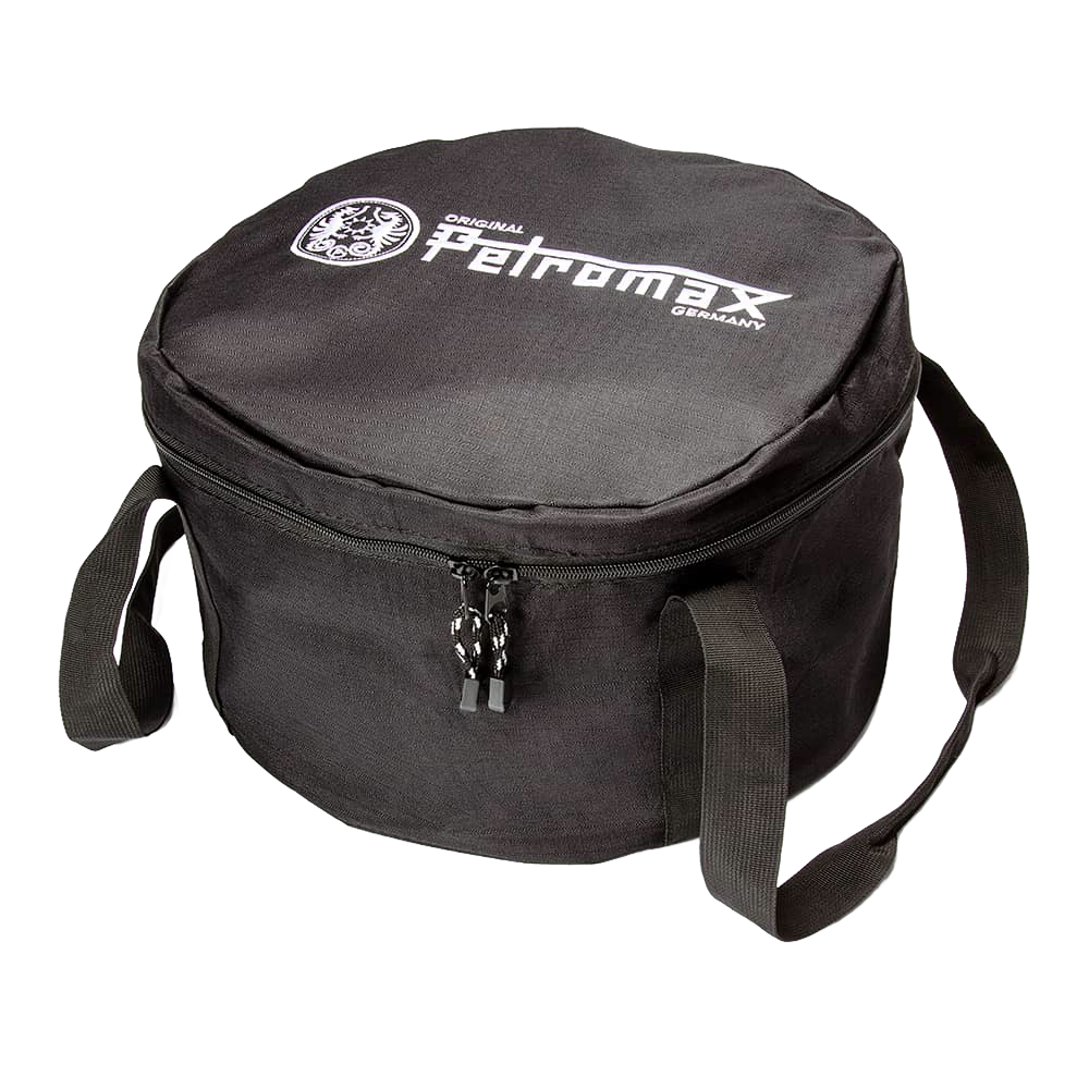 Black durable fabric transport bag with sturdy carrying straps and zip closure, designed for securely storing and carrying Dutch ovens, suited for outdoor camping and garden tool use.