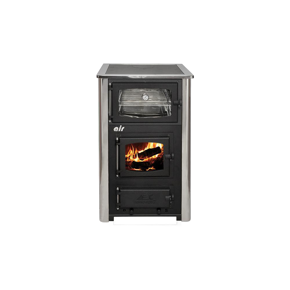 Compact wood cookstove featuring a glass window with burning logs, a built-in oven with a temperature gauge, and stainless steel sides, blending hearth warmth with cooking utility in stoves and cookstoves collections.