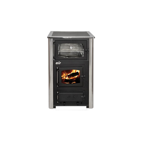 Compact wood cookstove featuring a glass window with burning logs, a built-in oven with a temperature gauge, and stainless steel sides, blending hearth warmth with cooking utility in stoves and cookstoves collections.