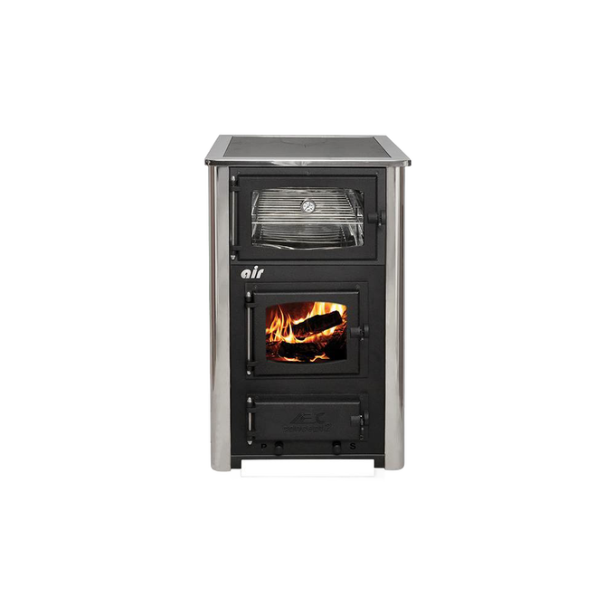 Compact wood cookstove featuring a glass window with burning logs, a built-in oven with a temperature gauge, and stainless steel sides, blending hearth warmth with cooking utility in stoves and cookstoves collections.