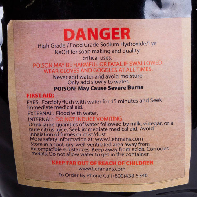 Warning label on a resealable bag of high-grade food-grade sodium hydroxide lye beads with safety instructions, first aid measures, and handling precautions for soapmaking use.
