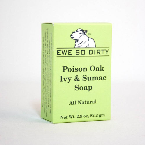 Light green box of handcrafted soap made with natural ingredients to soothe irritation from poison oak, ivy, and sumac, featured in Health & Wellness, Soaps, USA Made, and Best Sellers collections.