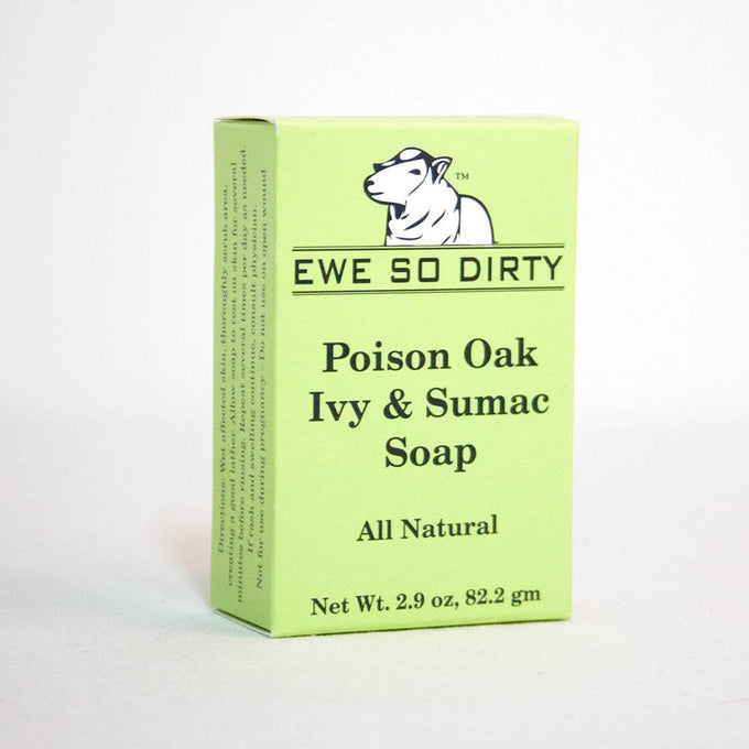 Light green box of handcrafted soap made with natural ingredients to soothe irritation from poison oak, ivy, and sumac, featured in Health & Wellness, Soaps, USA Made, and Best Sellers collections.
