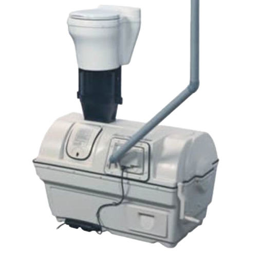 Compact grey composting toilet system with air-flow ventilation pipe and white seat, designed for water-free operation, featured in Appliances, Composting Toilets, and Best Sellers collections.