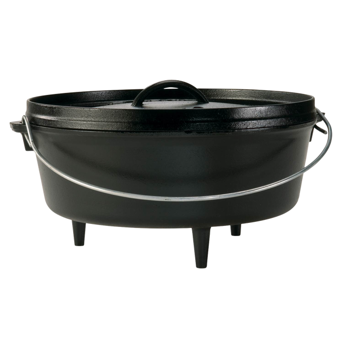 Handcrafted Lodge Cast Iron Camp Dutch Oven with built-in legs and sturdy metal bail handle, made in USA; ideal for Farm, Garden & Tool, Camping, Cast Iron, USA Made, Best Sellers, and Promo Eligible collections.