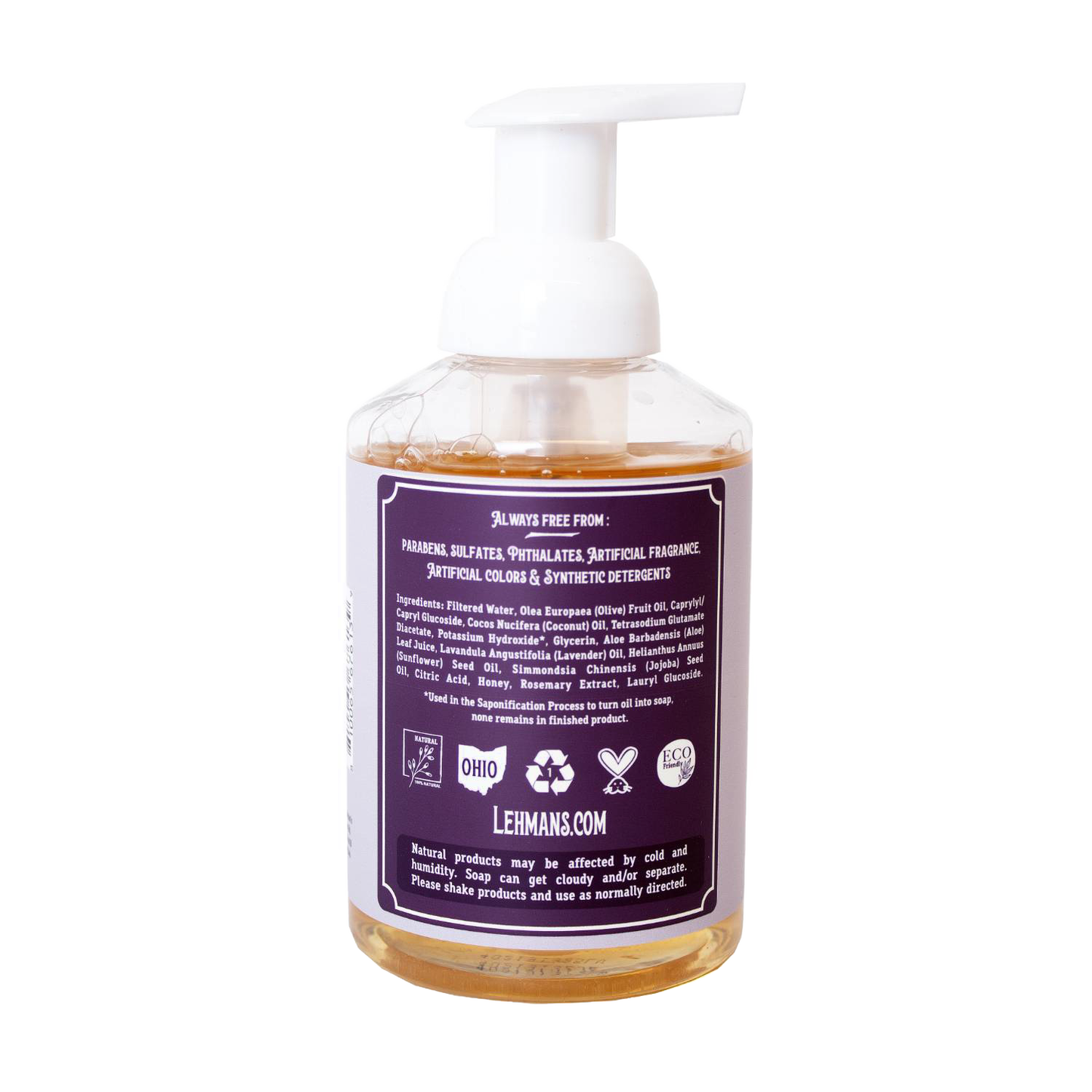 Clear pump bottle of Lehman's moisturizing foaming hand soap made in USA, featuring natural ingredients and free from harsh chemicals, suitable for Health & Wellness, Grooming, Soaps, and Best Sellers collections.