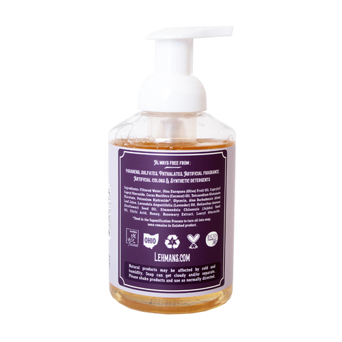 Clear pump bottle of Lehman's moisturizing foaming hand soap made in USA, featuring natural ingredients and free from harsh chemicals, suitable for Health & Wellness, Grooming, Soaps, and Best Sellers collections.