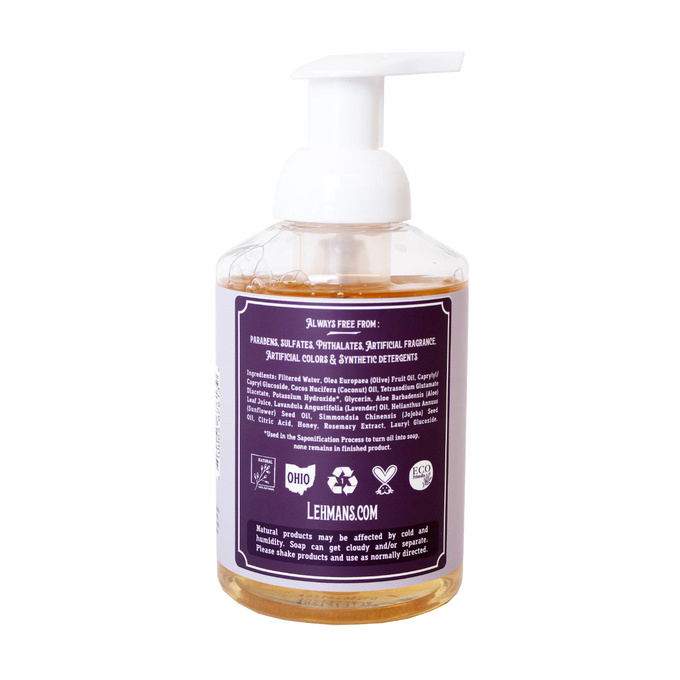 Clear pump bottle of Lehman's moisturizing foaming hand soap made in USA, featuring natural ingredients and free from harsh chemicals, suitable for Health & Wellness, Grooming, Soaps, and Best Sellers collections.
