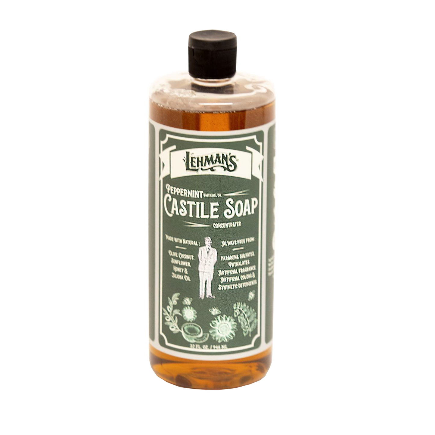 Clear amber bottle of handcrafted Lehman's peppermint scented castile soap with plant-based oils, highlighting multi-use natural cleaner in Health & Wellness and Grooming collections Made in USA.