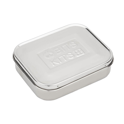 Rectangular reusable stainless steel snack container with a smooth lid embossed with branding, designed for durable, eco-friendly food storage in Kitchen & Food and Storage and Serving collections.