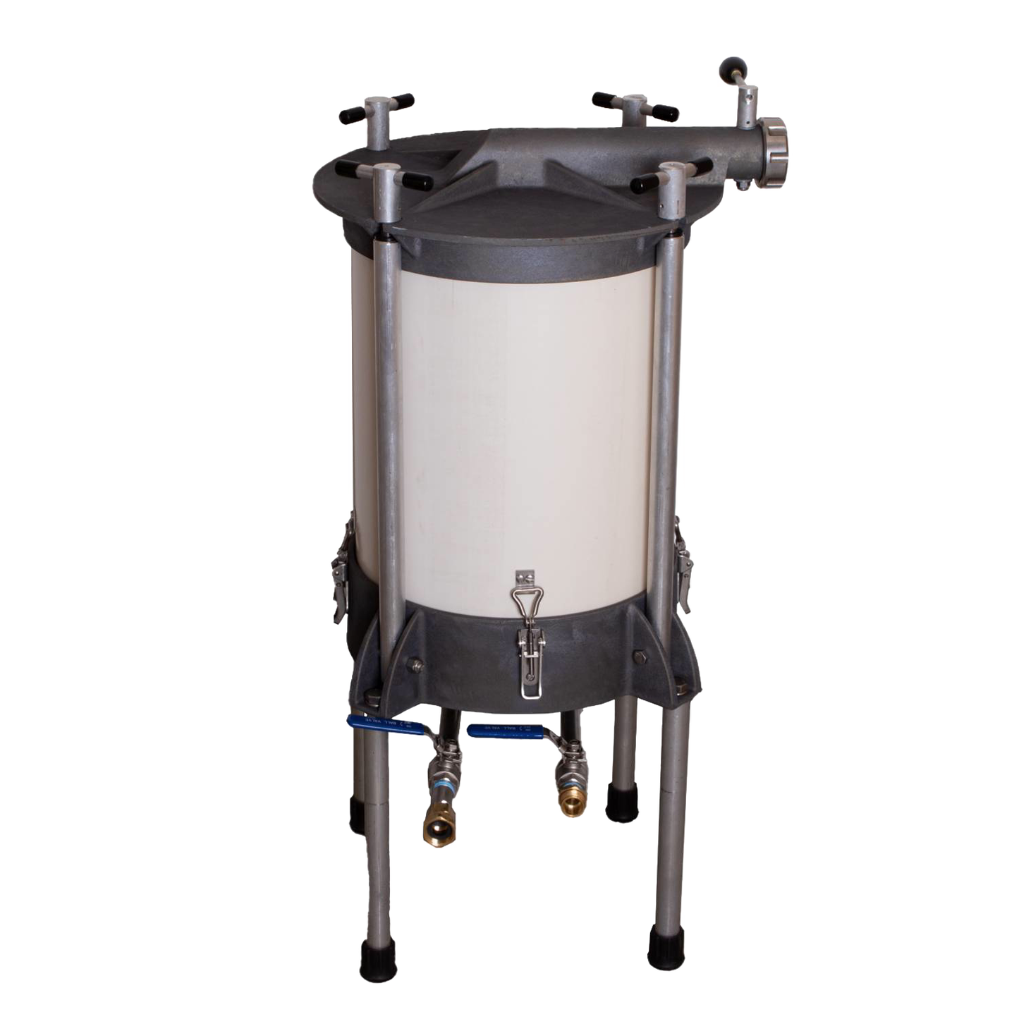 Freestanding high-capacity water-powered sausage stuffer with a durable cylindrical chamber and sturdy metal legs, handcrafted in the USA and Amish made, perfect for Kitchen & Food and Butchering Supplies collections.