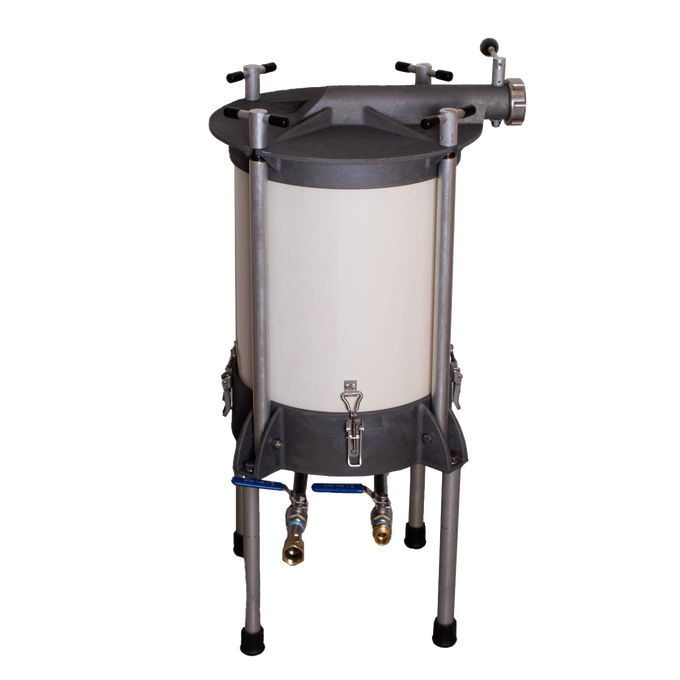 Freestanding high-capacity water-powered sausage stuffer with a durable cylindrical chamber and sturdy metal legs, handcrafted in the USA and Amish made, perfect for Kitchen & Food and Butchering Supplies collections.
