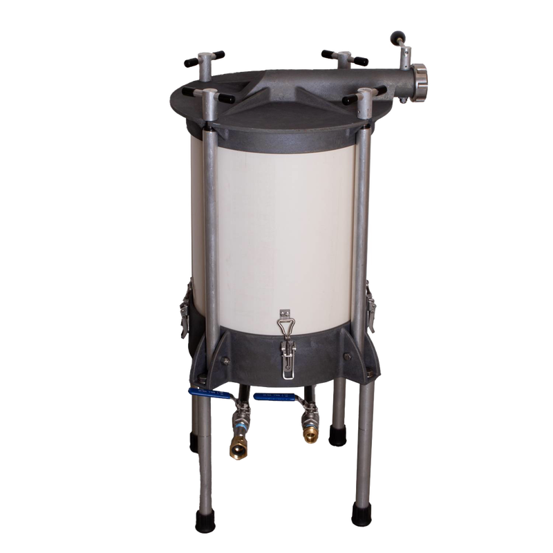Freestanding high-capacity water-powered sausage stuffer with a durable cylindrical chamber and sturdy metal legs, handcrafted in the USA and Amish made, perfect for Kitchen & Food and Butchering Supplies collections.
