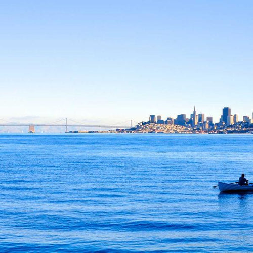Calm blue waters with a lone person rowing a small boat toward a distant city skyline under a clear sky, evoking tranquility for Best Sellers and P3 Testing collections.