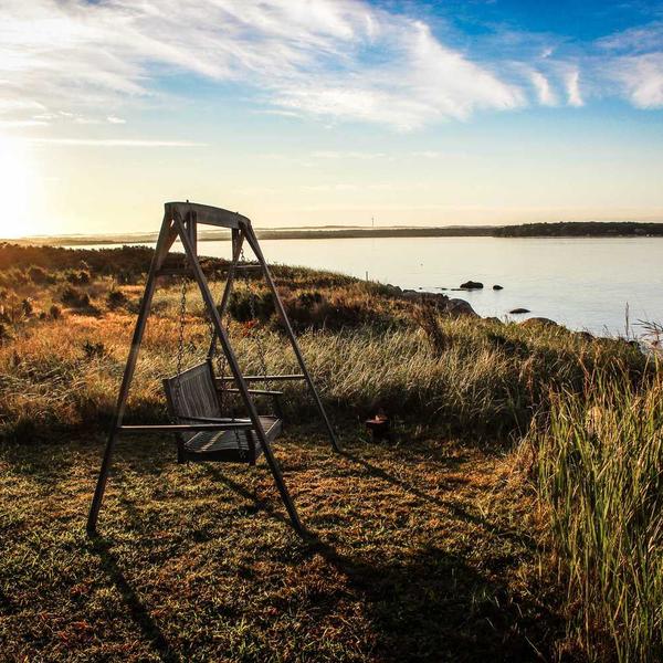 Wooden porch swing set on grassy coastal landscape bathed in warm sunlight with calm water and partly cloudy sky, evoking peaceful outdoor relaxation for Best Sellers and P3 Testing collections