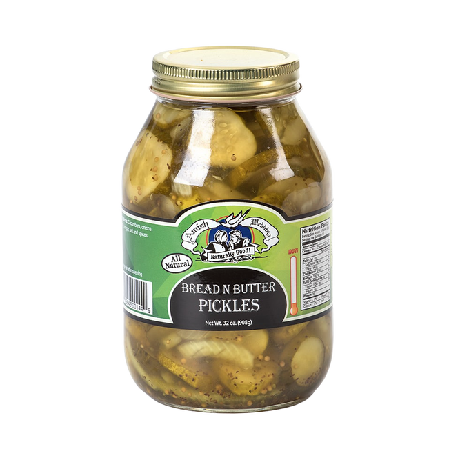 Large glass jar of handcrafted bread and butter pickles in natural brine with vintage-style label and gold metal lid, ideal for Kitchen & Food, Food, Pantry, USA Made, Best Sellers, Promo Eligible collections.
