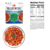 Resealable pouch of ReadyWise Still Lake Lasagna with Sausage featuring a mountain-themed label, shown with a white bowl of prepared lasagna garnished with herbs, and accompanying nutrition facts, ideal for camping, pantry, and emergency supplies.