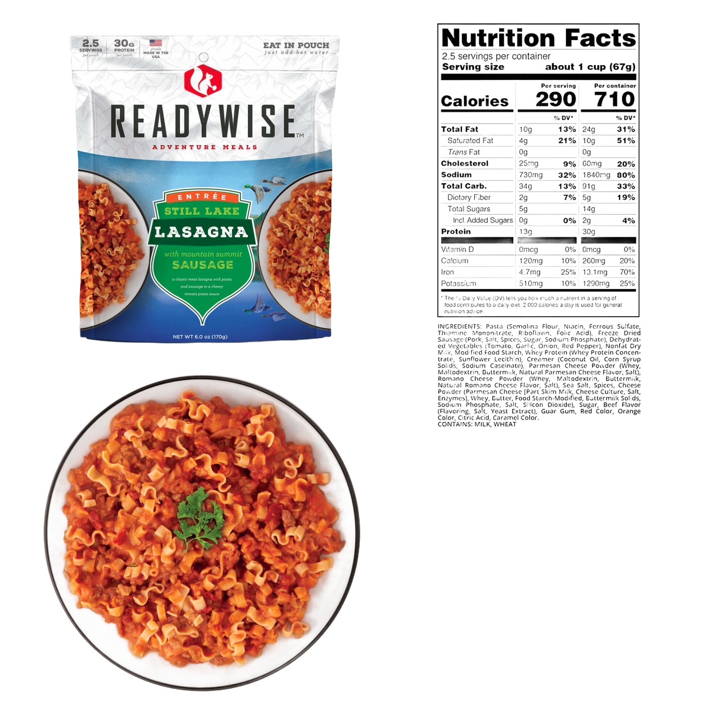 Resealable pouch of ReadyWise Still Lake Lasagna with Sausage featuring a mountain-themed label, shown with a white bowl of prepared lasagna garnished with herbs, and accompanying nutrition facts, ideal for camping, pantry, and emergency supplies.