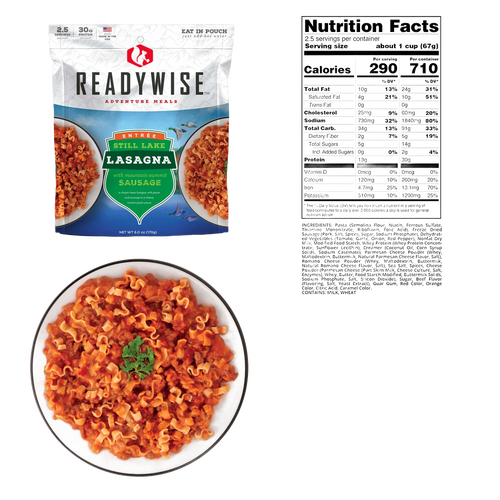 Resealable pouch of ReadyWise Still Lake Lasagna with Sausage featuring a mountain-themed label, shown with a white bowl of prepared lasagna garnished with herbs, and accompanying nutrition facts, ideal for camping, pantry, and emergency supplies.