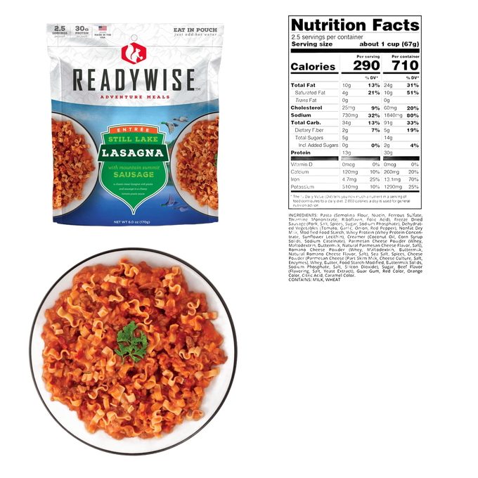 Resealable pouch of ReadyWise Still Lake Lasagna with Sausage featuring a mountain-themed label, shown with a white bowl of prepared lasagna garnished with herbs, and accompanying nutrition facts, ideal for camping, pantry, and emergency supplies.