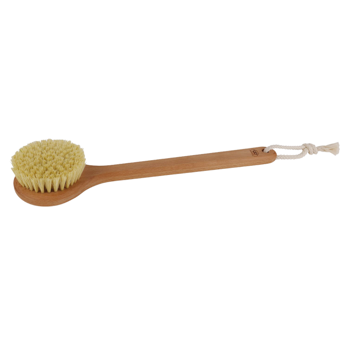 Handcrafted round bath brush with firm Tampico bristles and a smooth oiled beechwood handle with hanging loop, designed for invigorating exfoliation in Health & Wellness, Grooming and Personal Hygiene, Best Sellers, and Promo Eligible collections.