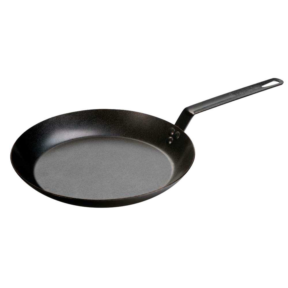 Pre-seasoned steel skillet with a long handle made from durable 12 gauge carbon steel, designed for high-heat cooking, perfect for Kitchen & Food, Cookware, Pots and Pans, USA Made, Best Sellers, and Promo Eligible collections.
