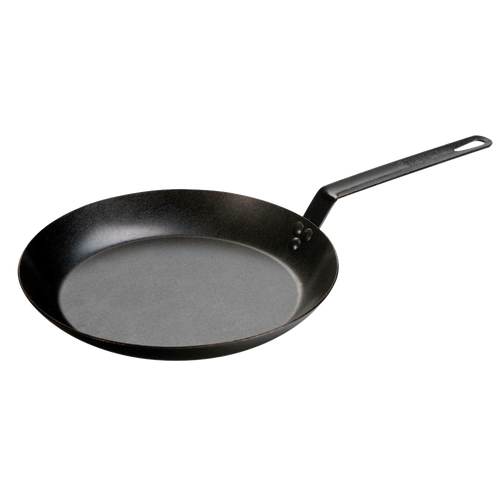Pre-seasoned steel skillet with a long handle made from durable 12 gauge carbon steel, designed for high-heat cooking, perfect for Kitchen & Food, Cookware, Pots and Pans, USA Made, Best Sellers, and Promo Eligible collections.