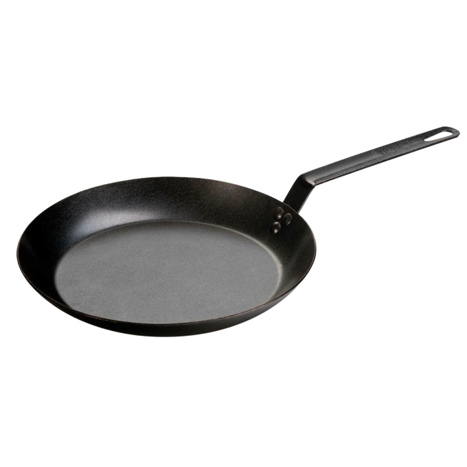 Pre-seasoned steel skillet with a long handle made from durable 12 gauge carbon steel, designed for high-heat cooking, perfect for Kitchen & Food, Cookware, Pots and Pans, USA Made, Best Sellers, and Promo Eligible collections.