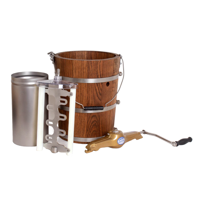 Handcrafted Amish made ice cream freezer with wooden bucket, durable metal bands, stainless steel inner canister, and brass crank handle, designed for Kitchen & Food and Specialty Equipment collections.