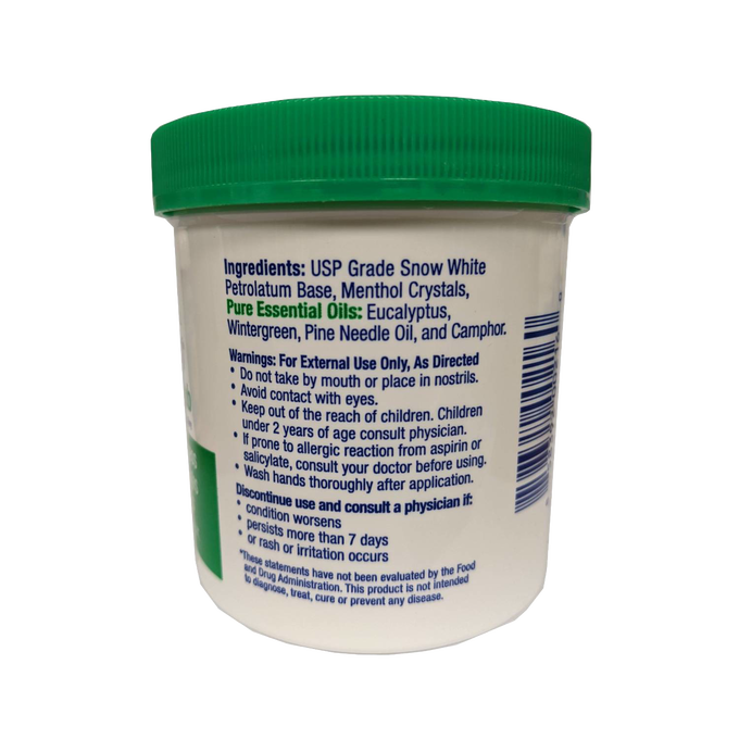 White container with a green lid showing ingredients and usage warnings for a handcrafted rub made in USA, ideal for soothing muscle aches and skin irritations, featured in Health & Wellness collections.