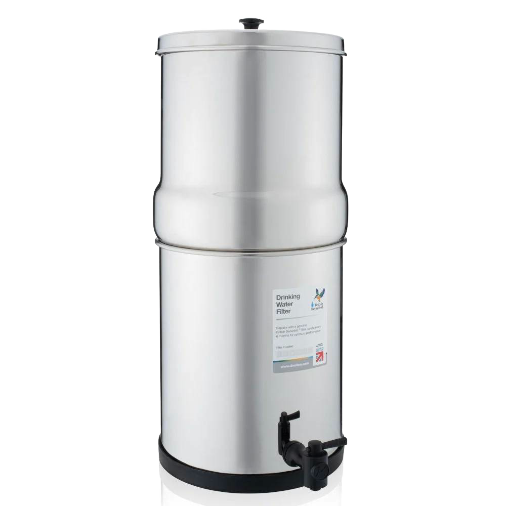 Mid-size stainless steel gravity water filter with spigot, designed for clean drinking water without electricity, ideal for camping, emergency supplies, farm, and garden use.