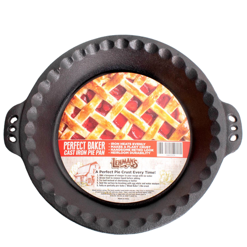Handcrafted Amish-made cast iron pie pan with crimped edges, designed for even heating and durability, ideal for Kitchen & Food, Cookware, Cast Iron, Baking Supplies, Best Sellers, and Promo Eligible collections.