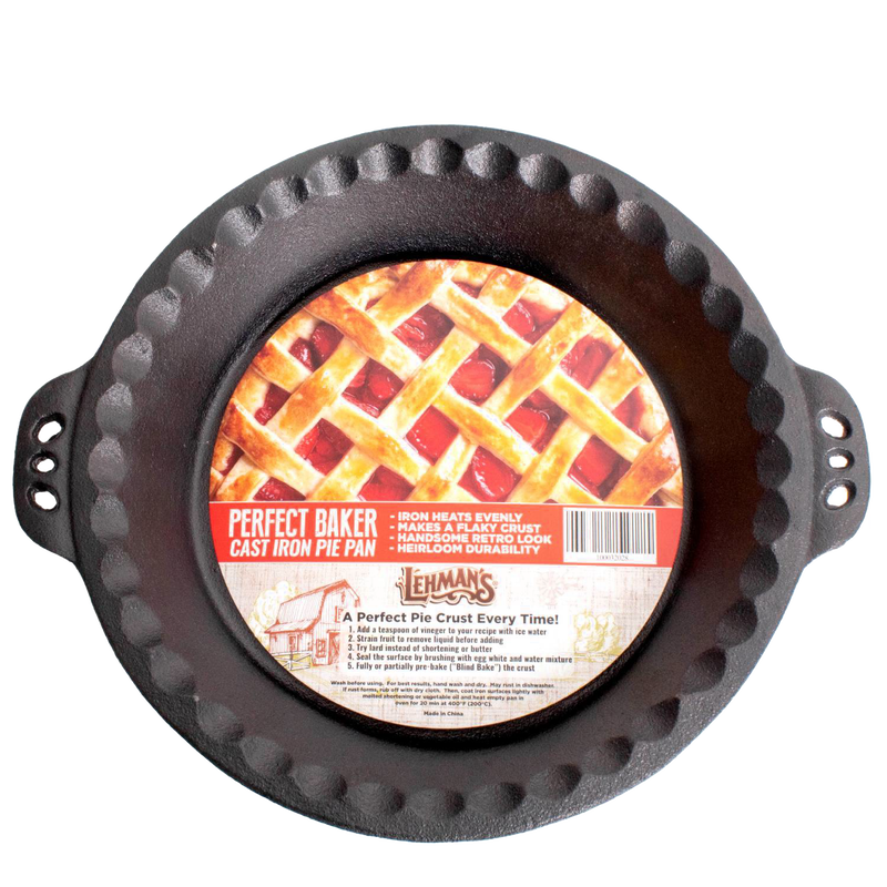 Handcrafted Amish-made cast iron pie pan with crimped edges, designed for even heating and durability, ideal for Kitchen & Food, Cookware, Cast Iron, Baking Supplies, Best Sellers, and Promo Eligible collections.