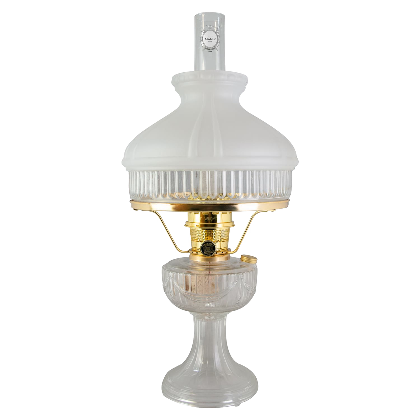 Handcrafted Aladdin Lincoln Drape oil lamp featuring a clear glass base, polished brass burner, and white frosted top shade, ideal for Farm, Garden & Tool, Emergency Supplies, and Best Sellers collections.