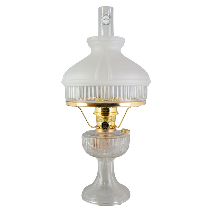 Handcrafted Aladdin Lincoln Drape oil lamp featuring a clear glass base, polished brass burner, and white frosted top shade, ideal for Farm, Garden & Tool, Emergency Supplies, and Best Sellers collections.