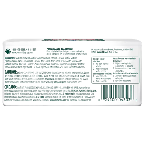 Back view of a handcrafted Fels-Naptha laundry soap bar with detailed usage instructions and ingredients, made in USA, featured in Home & Decor, Laundry Supplies, Soaps and Soapmaking, and Best Sellers collections.