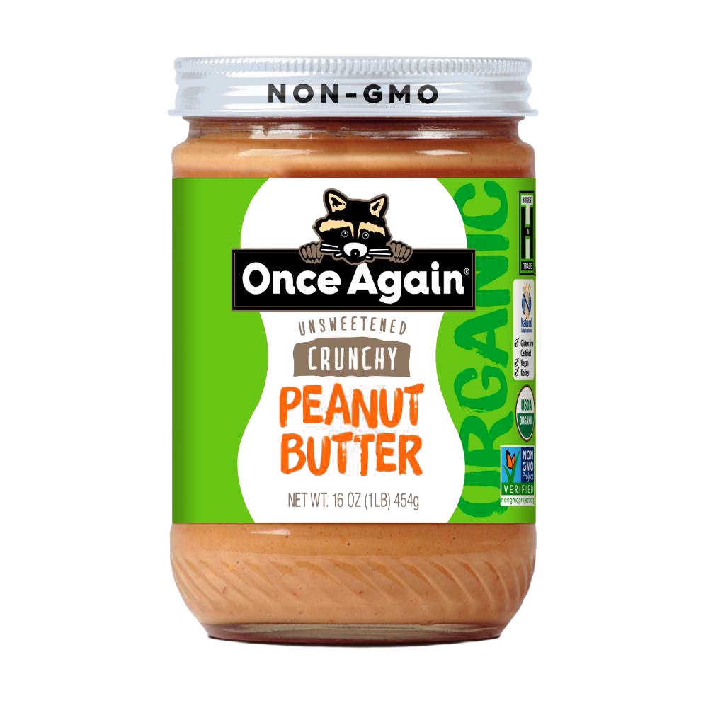 Glass jar of handcrafted unsweetened crunchy peanut butter made from organic peanuts, non-GMO and gluten-free, perfect for Kitchen & Food, Peanut Butter & Jellies, USA Made, Best Sellers, and Promo Eligible collections.