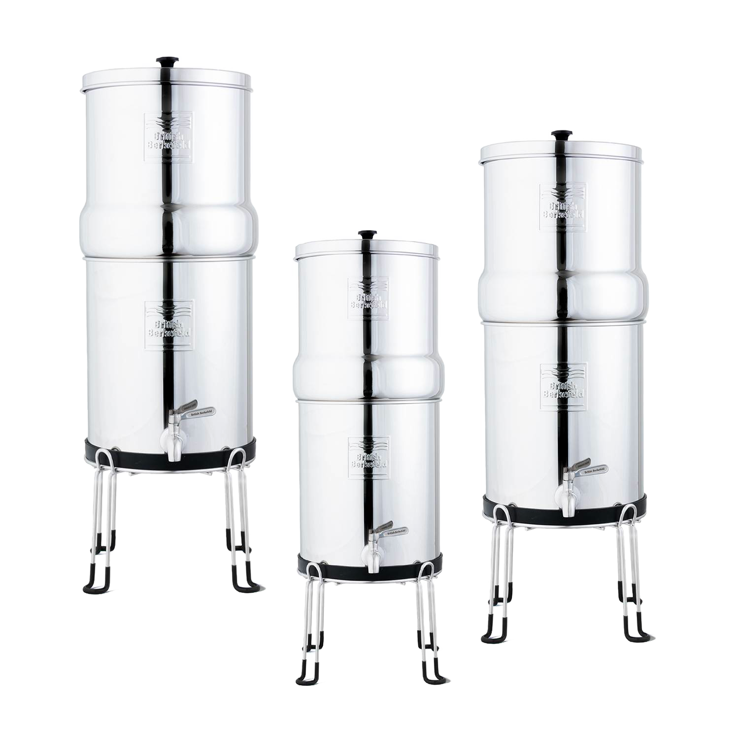 Three polished stainless steel gravity water filters elevated on sturdy raised stands with protective legs, designed for ease of use in Appliances, Emergency Supplies, and Water Heating collections.