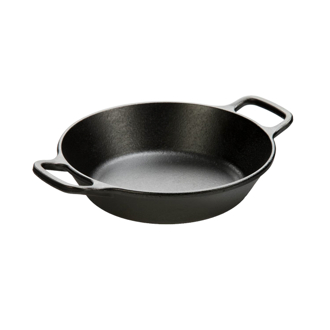Handcrafted round cast iron pan with short side handles, pre-seasoned for versatile cooking on grill or oven, featured in Kitchen & Food, Cookware, Cast Iron, Best Sellers, Promo Eligible collections.