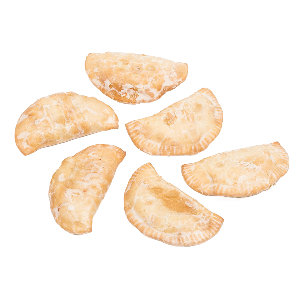 Six golden-brown apple fry pies with a lightly glazed, thick crust arranged on a white background, handcrafted in the USA, featured in Kitchen & Food, Snacks and Sweets, and Best Sellers collections.
