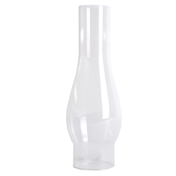Clear glass oil lamp chimney with a 2-5/8 inch base and bulbous midsection, handcrafted for use with vintage round wick lamps, featured in Lamps & Lighting, Parts and Accessories, and Chimneys and Globes collections.