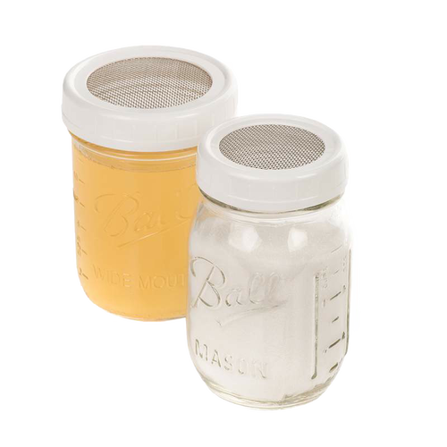 Set of four handcrafted strainer lids featuring BPA-free plastic and corrosion-resistant stainless steel mesh, fitting standard canning jars for Kitchen & Food and Storage collections.